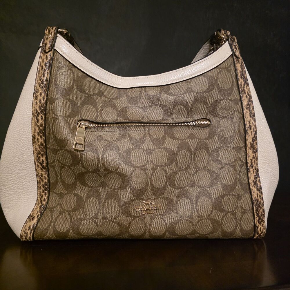 Coach Kristy Shoulder Bag Leather Signature Design Snake Trim Ivory Brown
